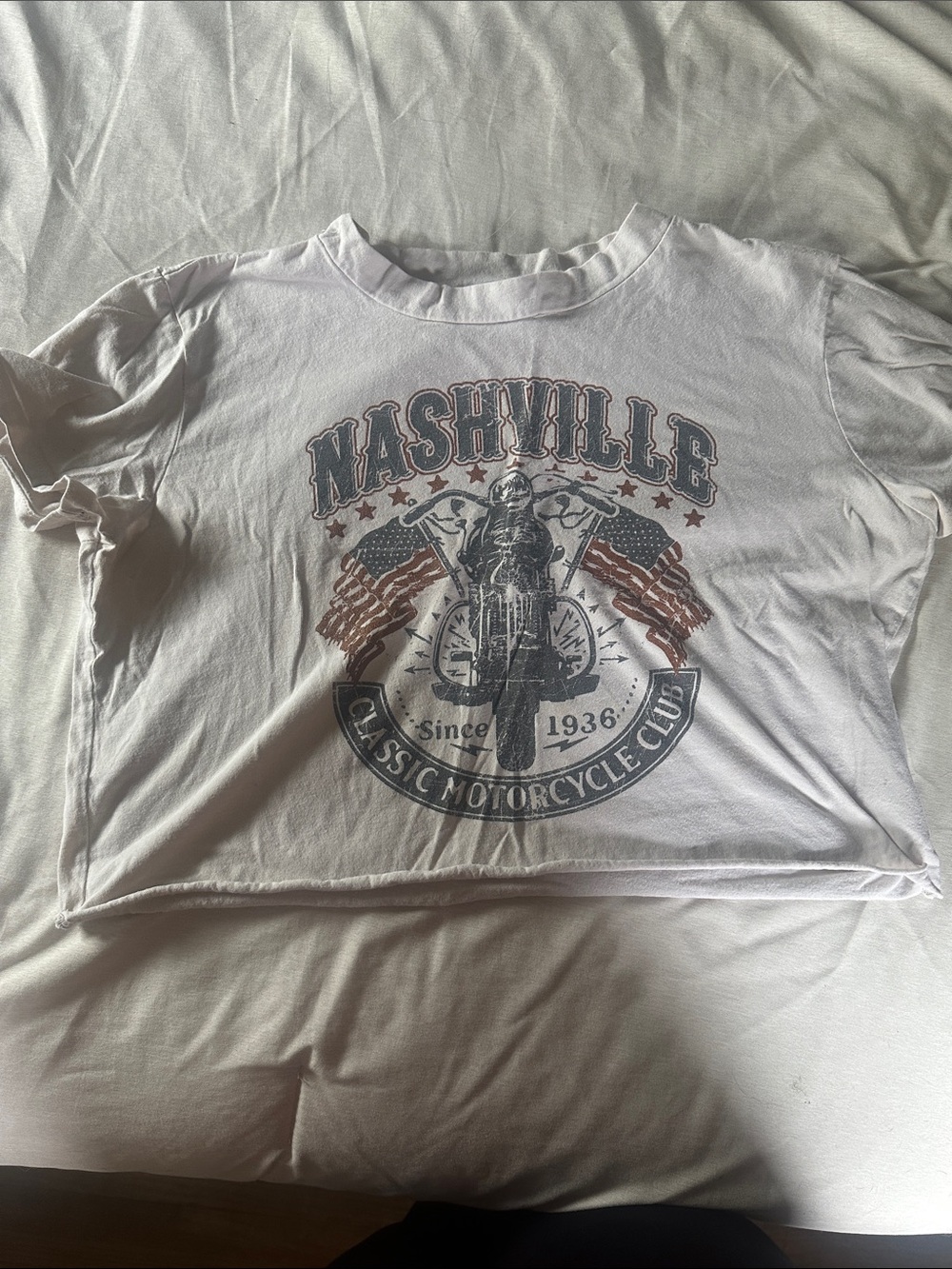 Nashville Classic Motorcycle Club Graphic Crop Tee - White with Red & Blue